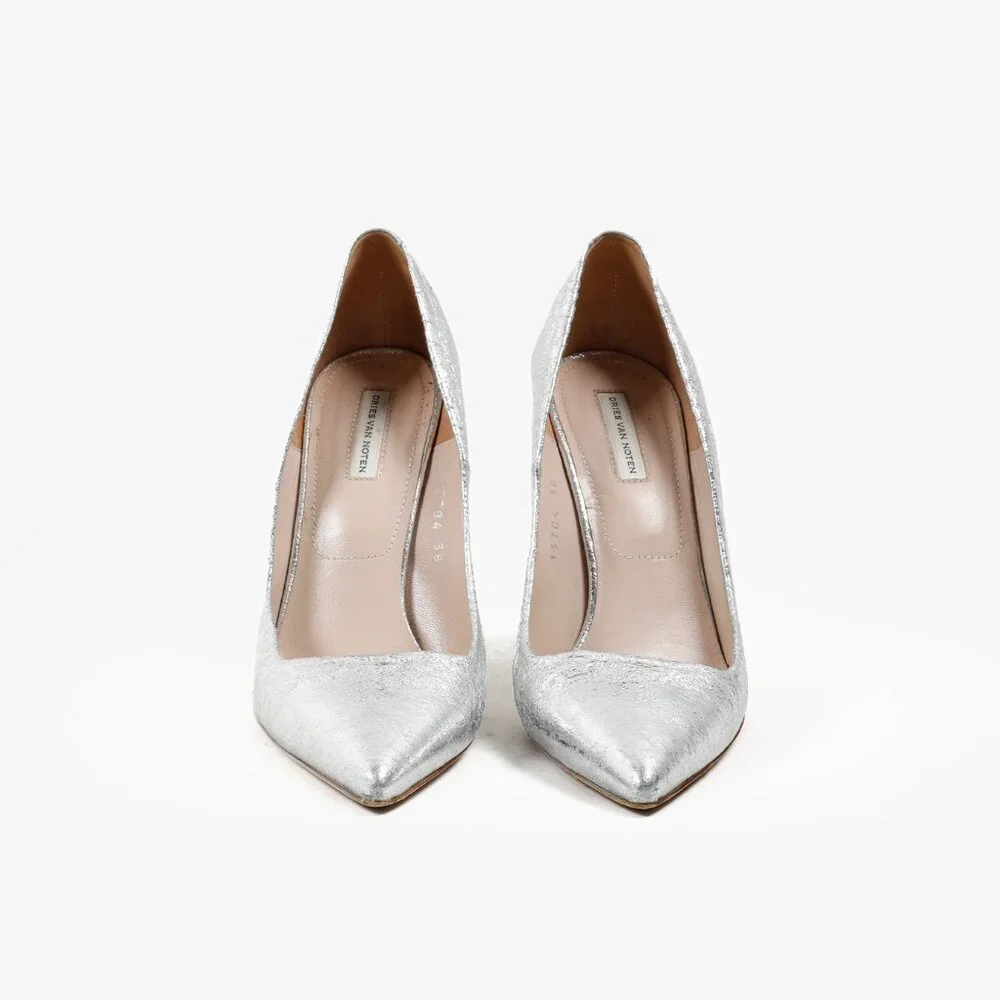 Dries Van Noten Distressed Silver Leather Heels - Picture 2 of 8